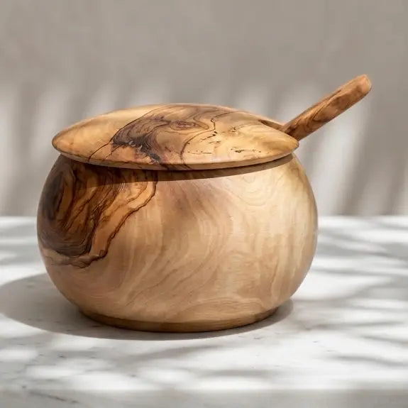 Olive Wood Condiment Jar with Spoon & Lid